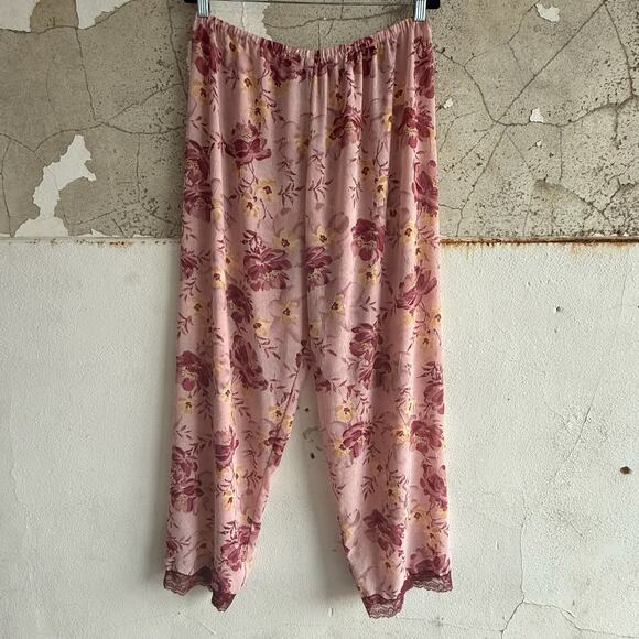 Floral Chiffon Pajama Set Romantic Coquette Loungecore Pink Burgundy Lace XL - Picture 3 of 8